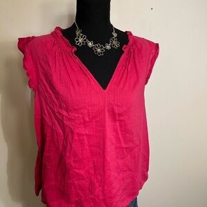 GAP Hot Pink Ruffled Cap-Sleeve V-Neck Blouse